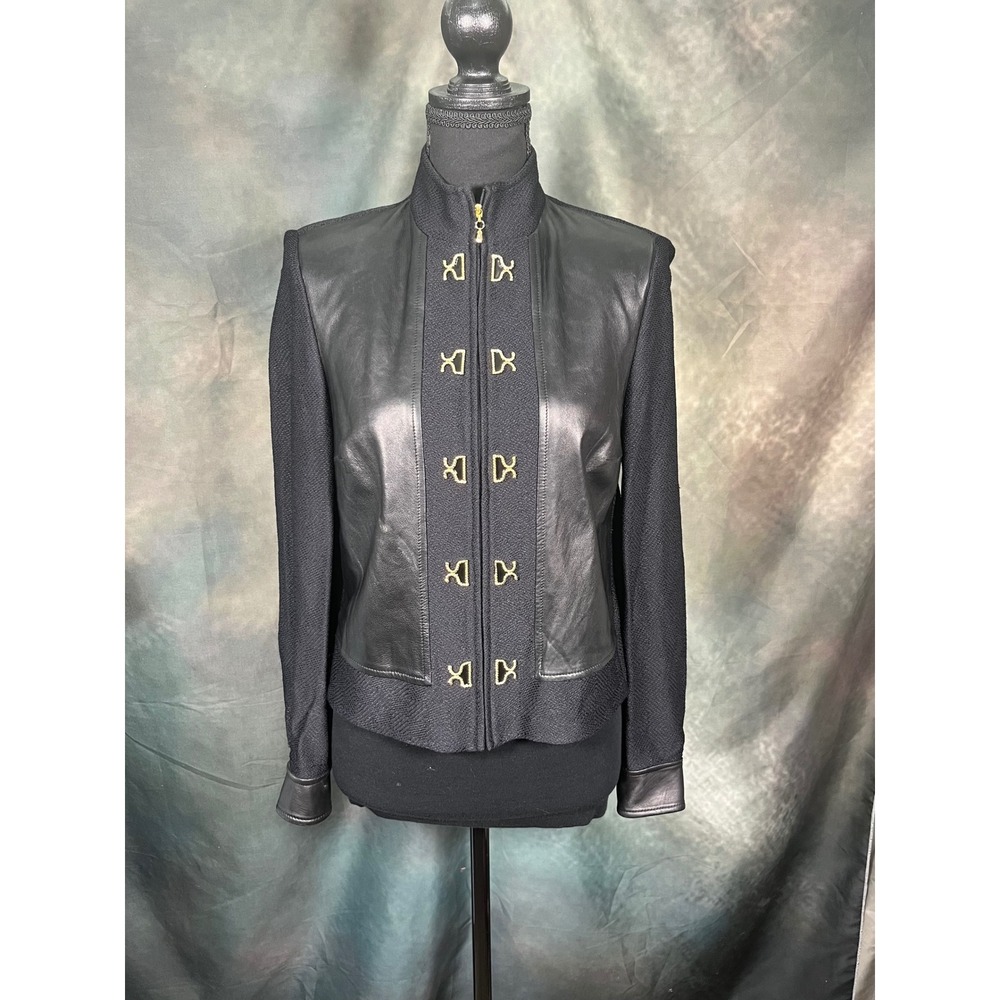St John Collection Marie Gray Leather Santana Knit Jacket Black Gold Size 4